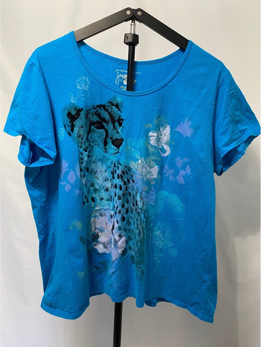 Just My Size by Hanes 3X Blue Cheetah Floral Graphic T-Shirt Plus Size